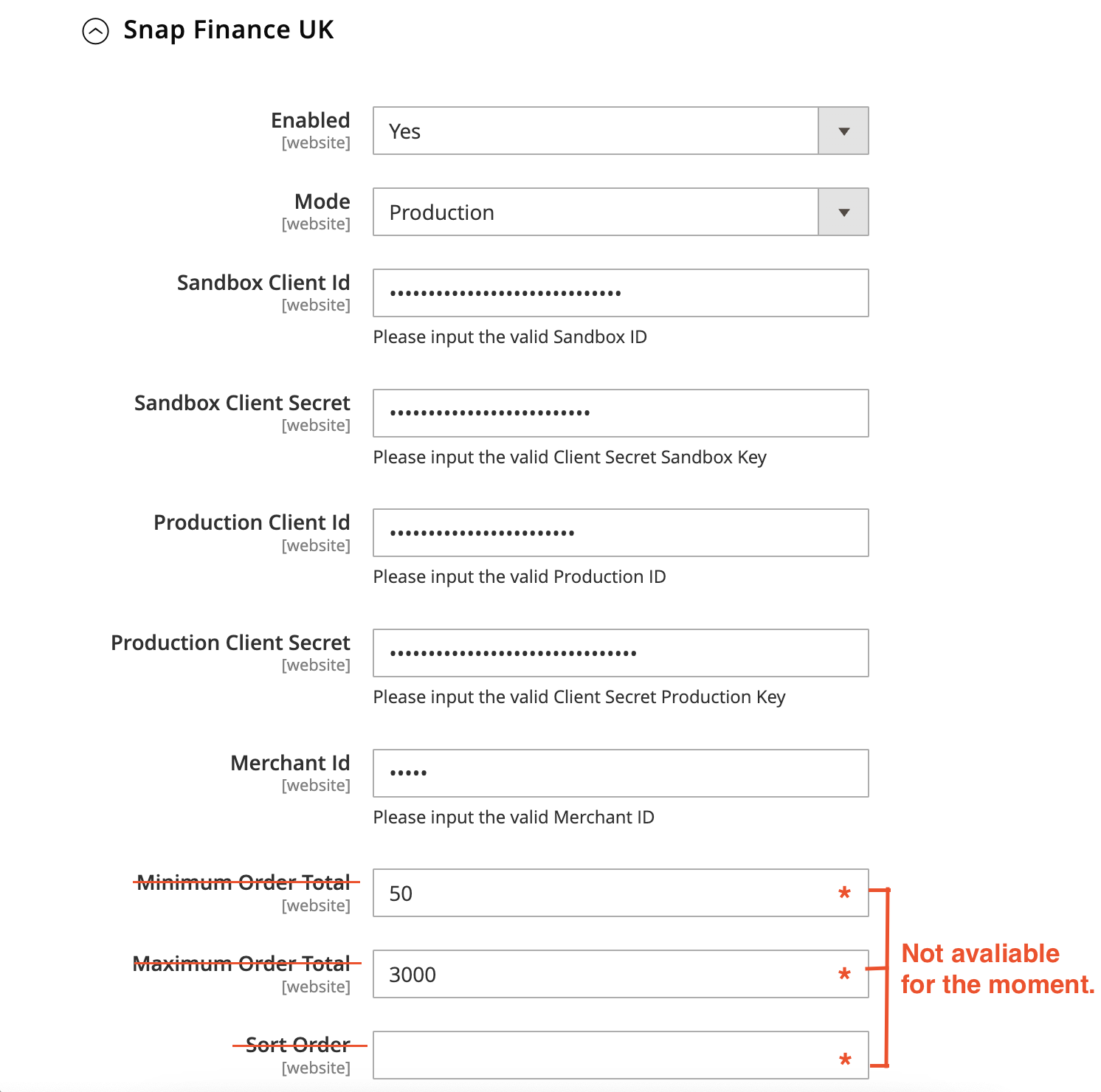 Magento plugin - Snap Finance UK - Inputs