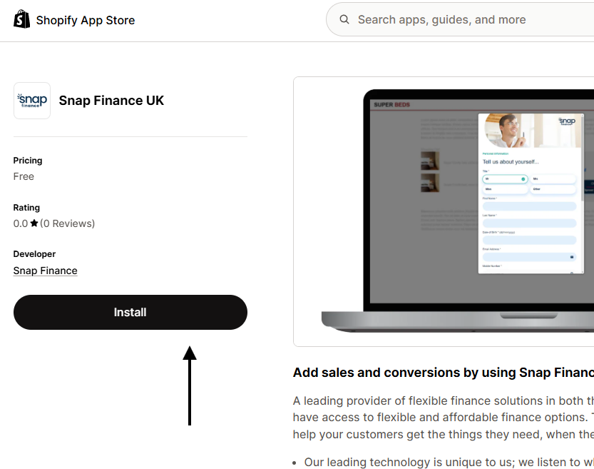 Install button on the Snap Finance UK App Store listing