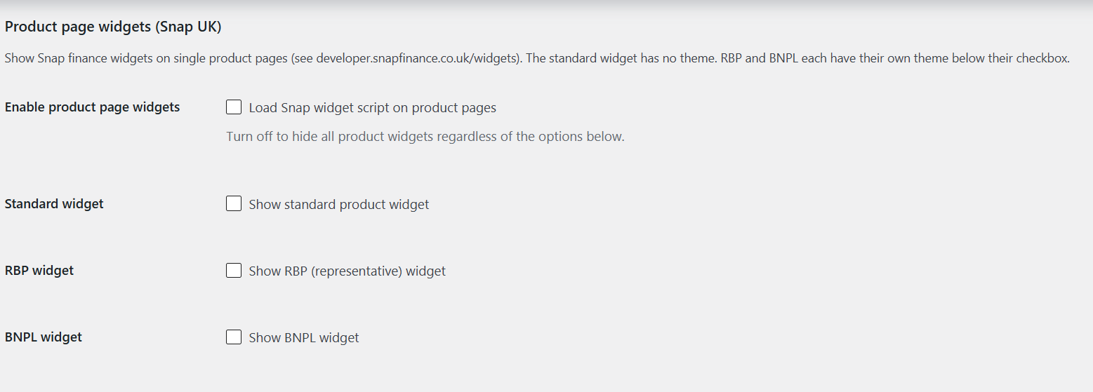 Snap Finance UK settings - Product page widgets
