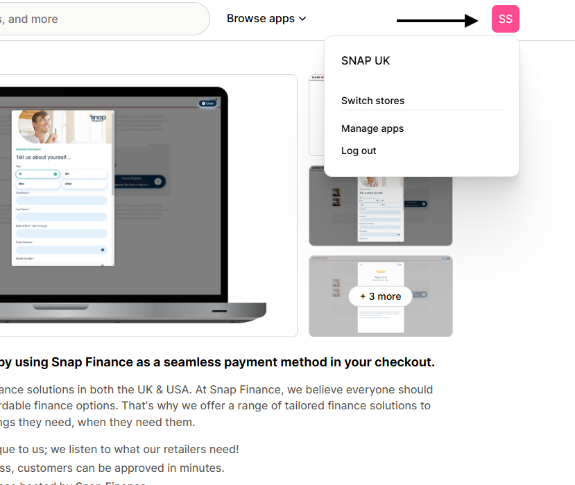 Store selector in the top right of the Shopify App Store page