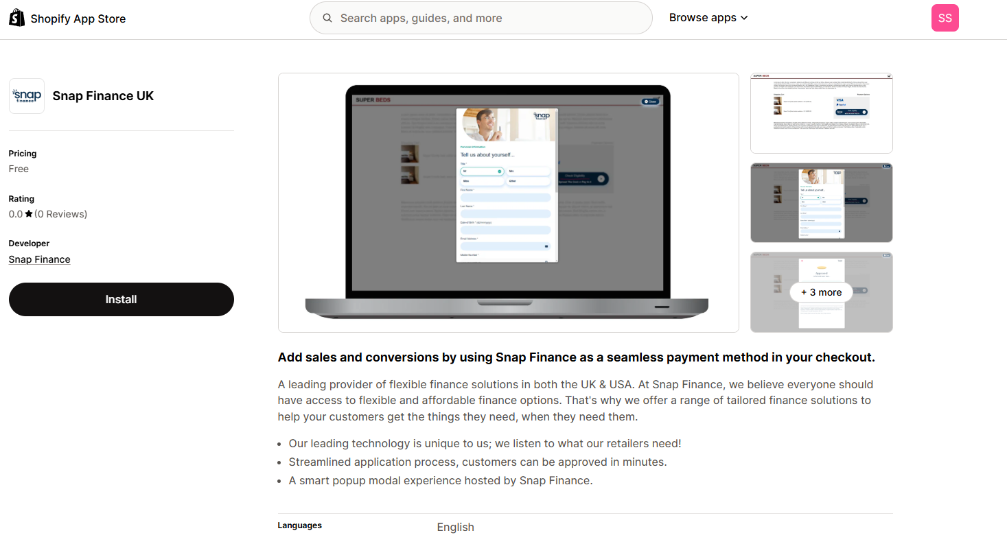 Snap Finance UK plugin listing on the Shopify App Store