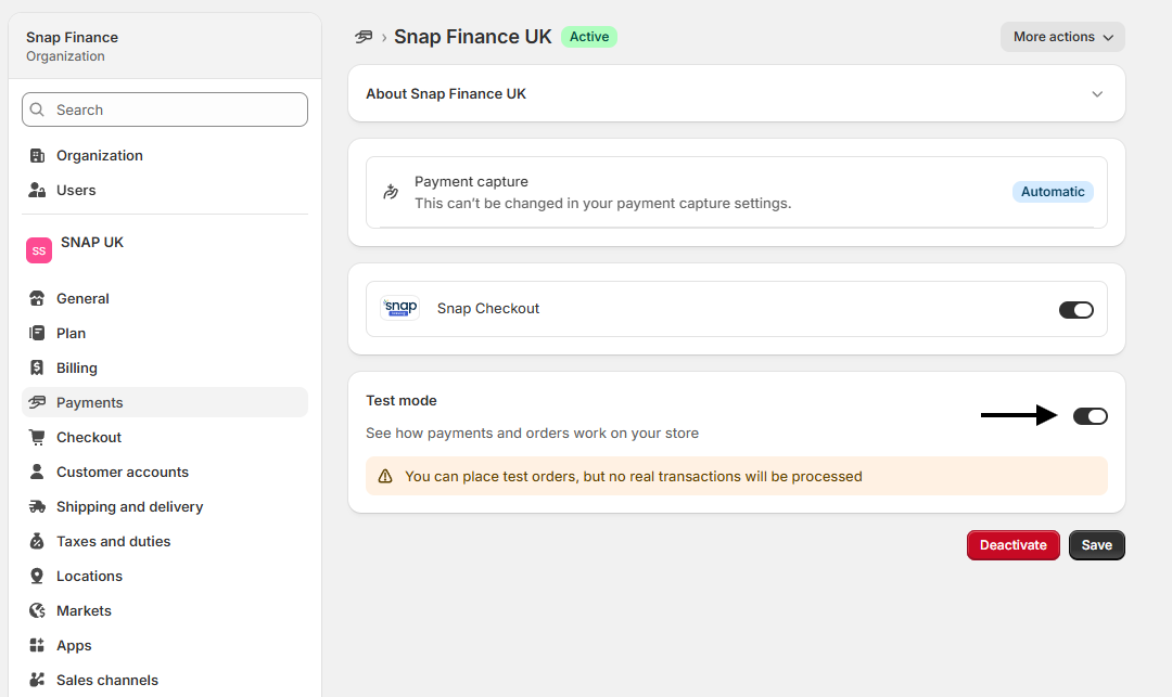 Snap Finance Shopify plugin test mode setting
