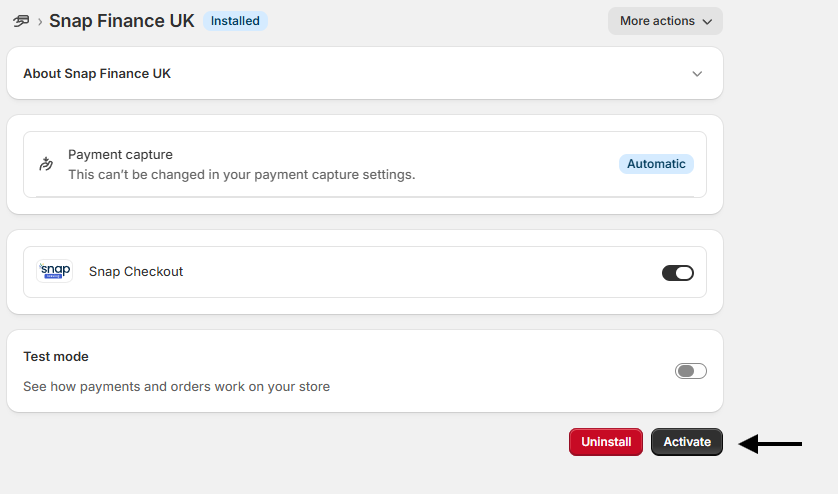 Activate button in the Snap Finance UK Shopify settings