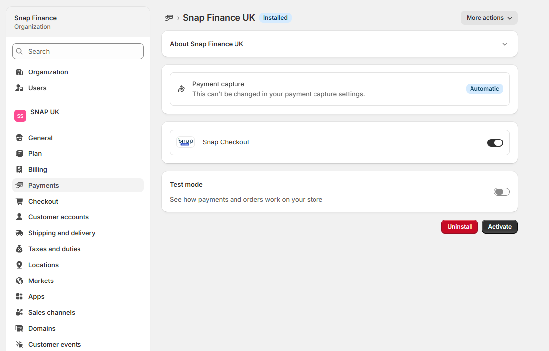 Snap Finance UK in the Settings → Payments list