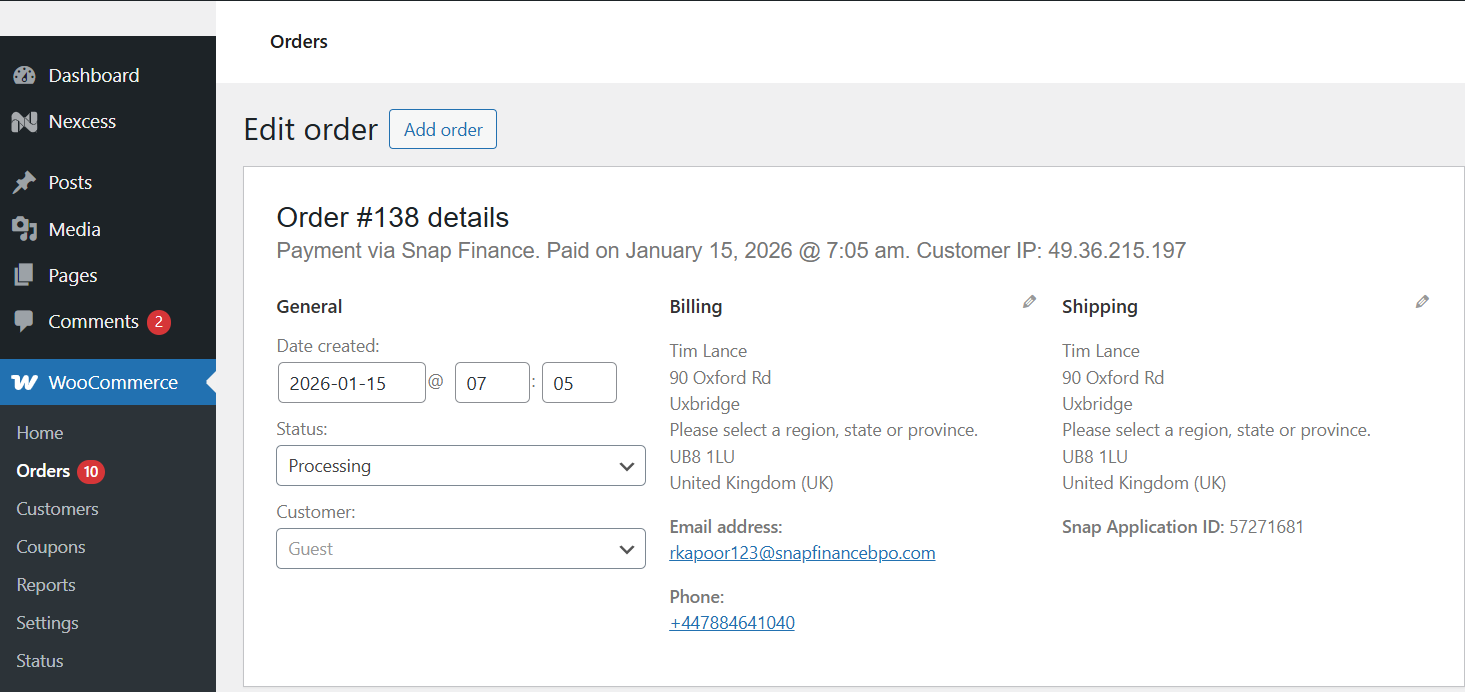 Order payment info - Snap Finance UK