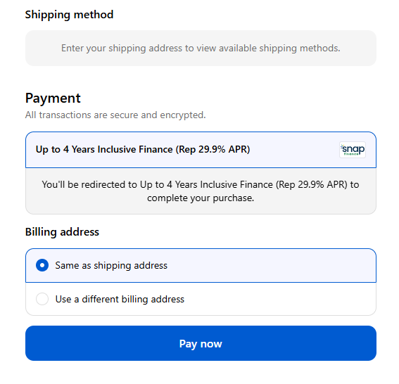 Snap Finance shown as a payment option at checkout