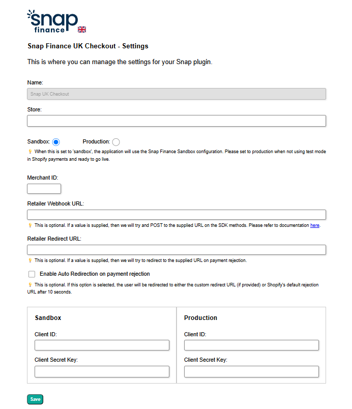 Snap Finance plugin configuration screen