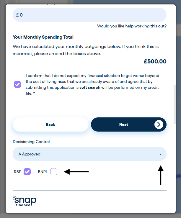 Snap Finance sandbox decisioning control section