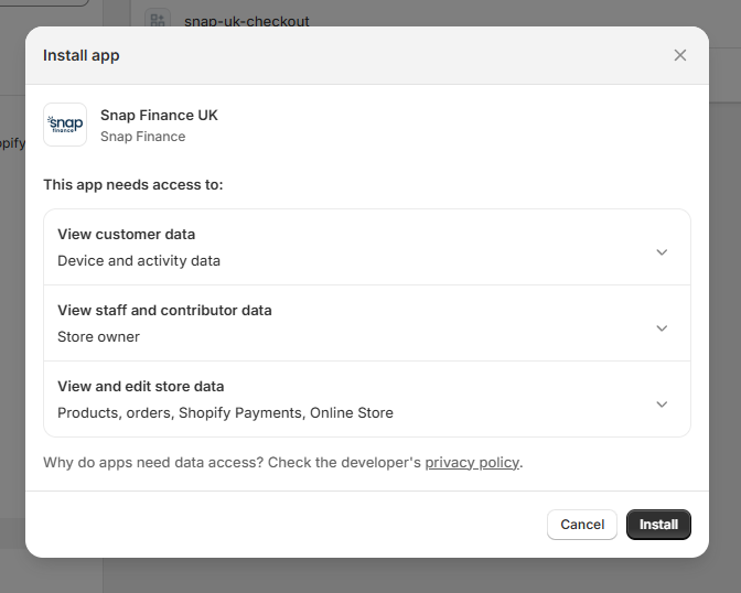 Install confirmation dialog in the Shopify admin dashboard