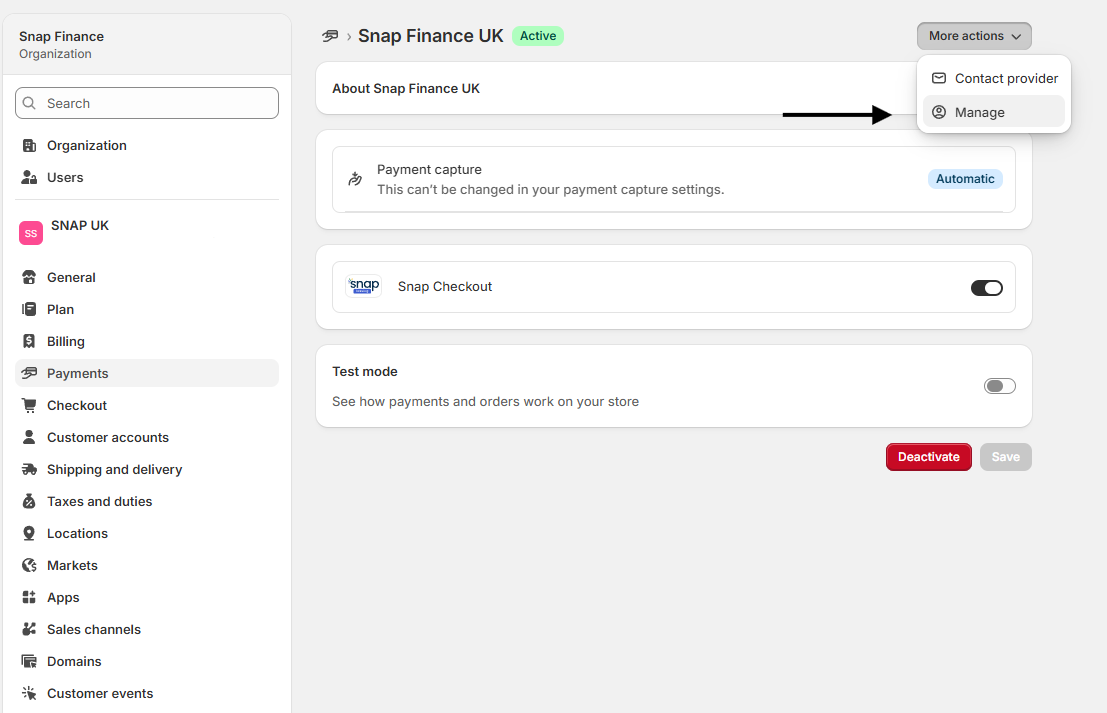 Shopify payments settings screen