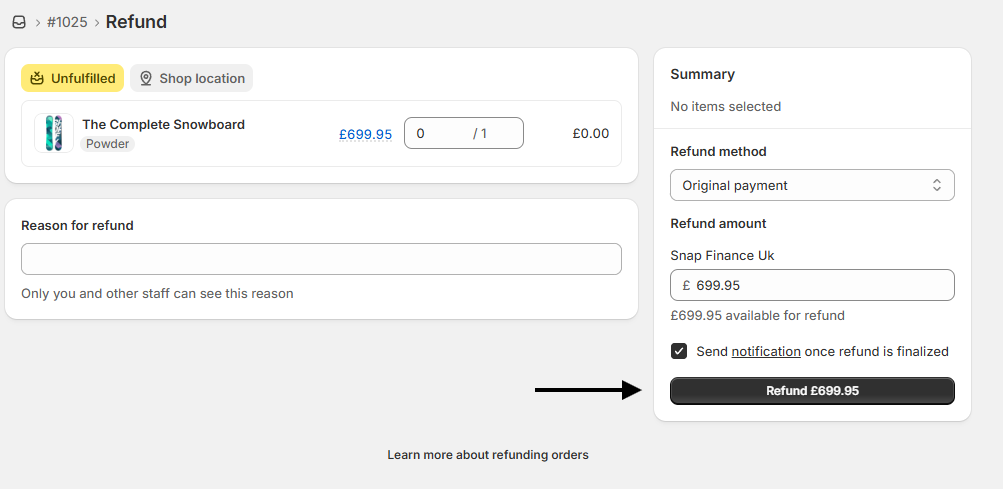 A shopify refund page
