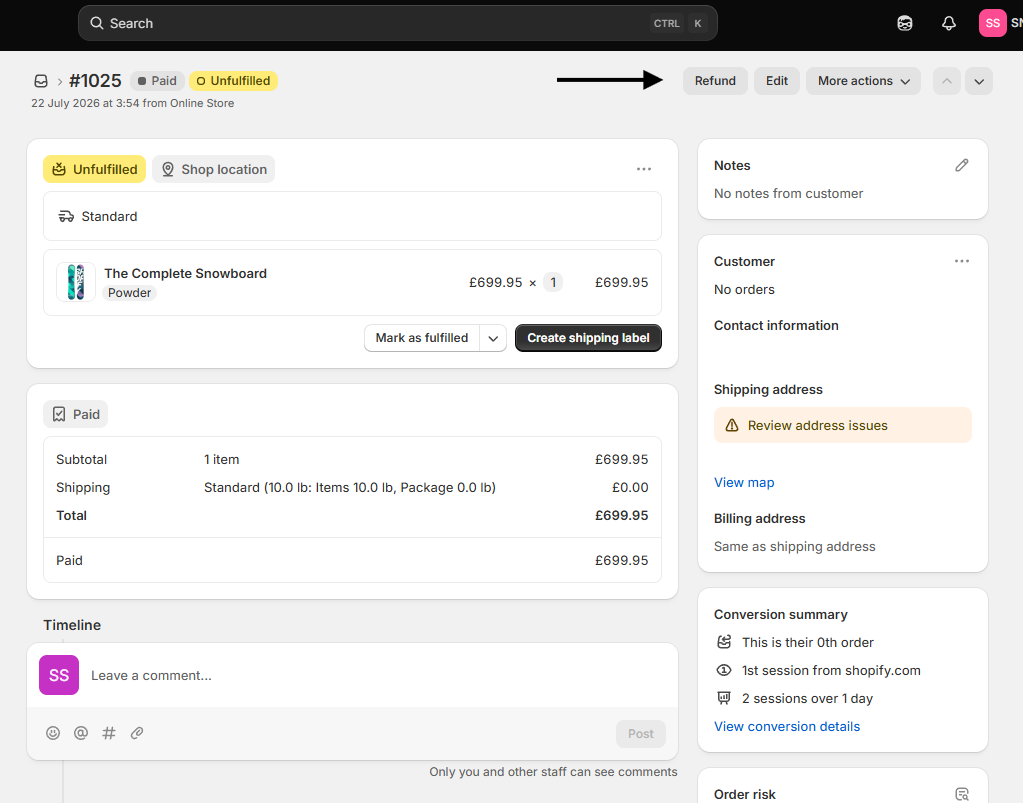 A shopify order page