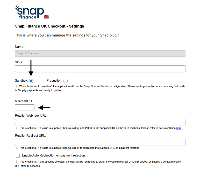 Snap Finance Shopify plugin configuration screen
