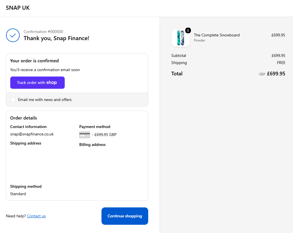 Snap Finance Shopify thank you page