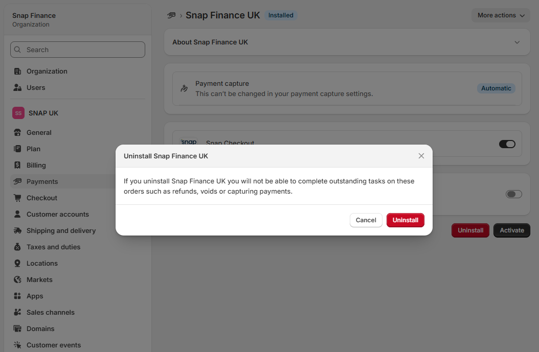 Deactivate and Uninstall options for the Snap Finance UK plugin