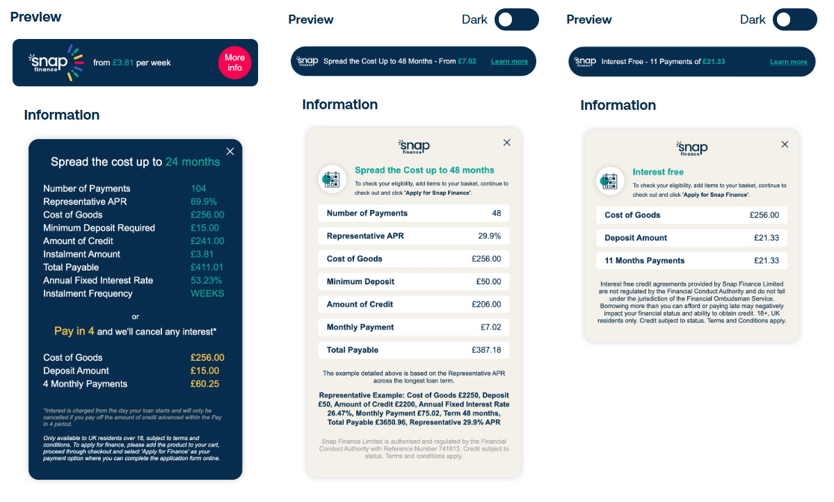 Snap finance widget previews