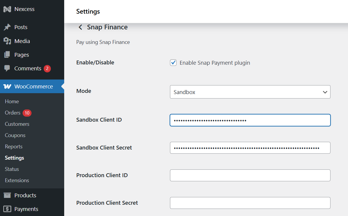 Plugin Settings - Snap Finance UK