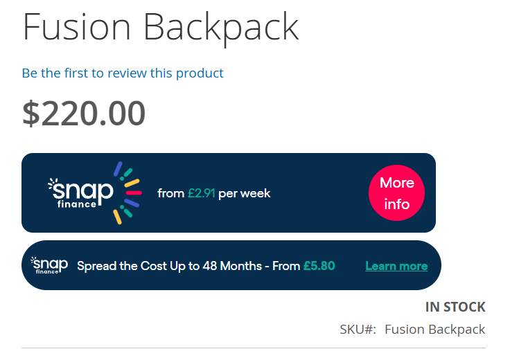 Snap Finance UK product widgets on the Magento product page